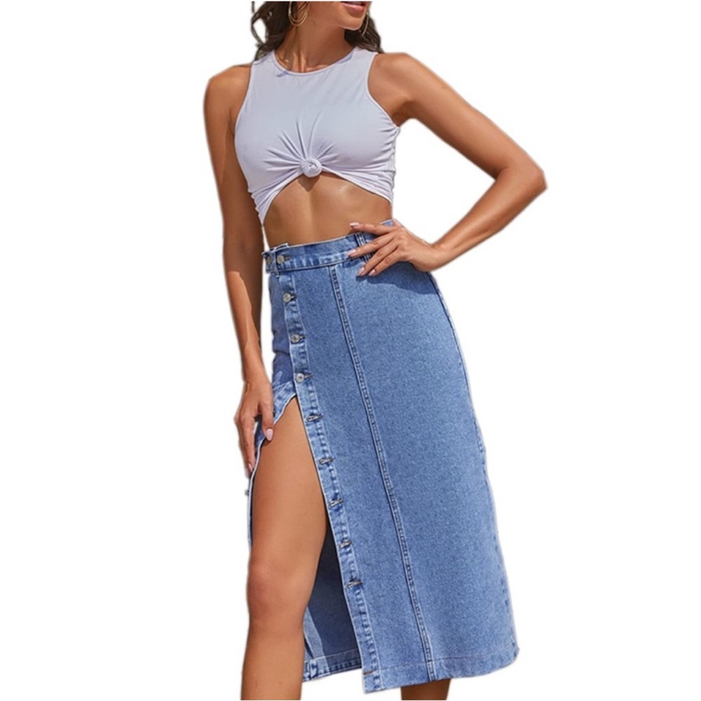 NWT Women’s High Waisted Button Front Denim‎ Midi Skirt XL